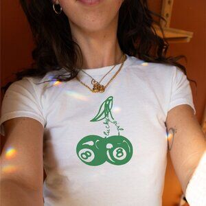 White Crop Top with Green Cherry Graphic